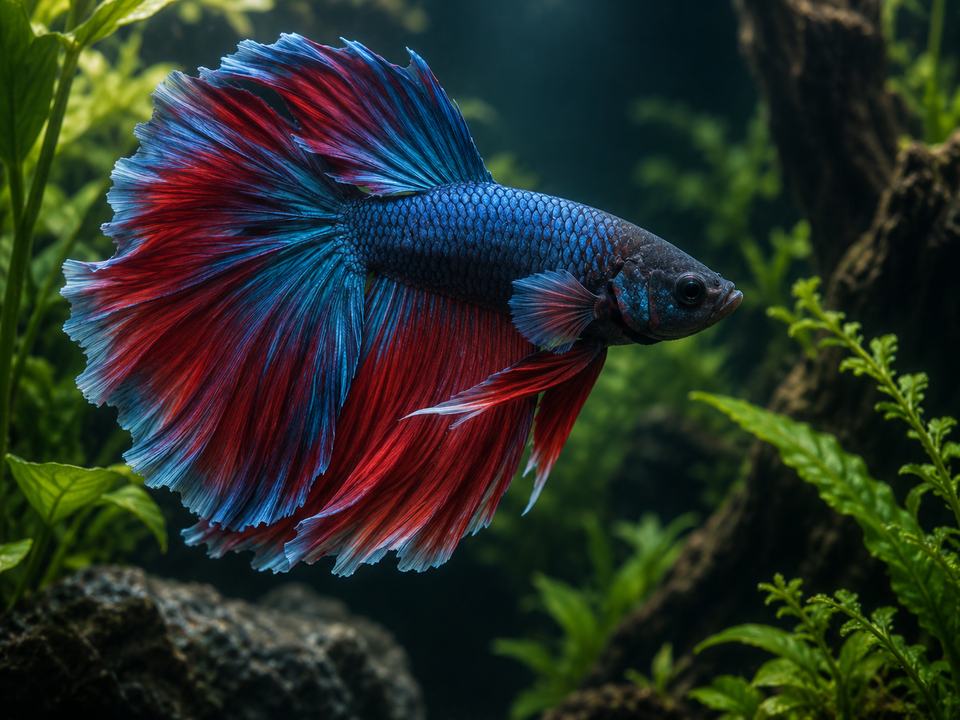 A red and blue betta with long flowing fins in a planted tank