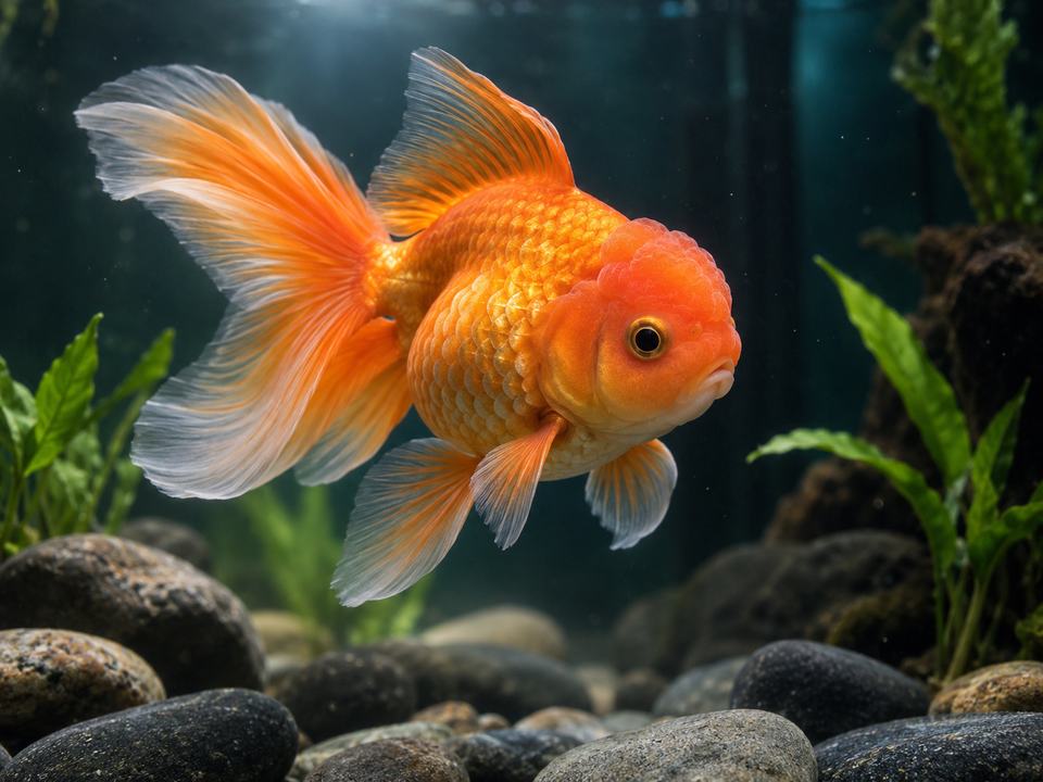 An orange fancy goldfish swimming above river stones in a planted aquarium