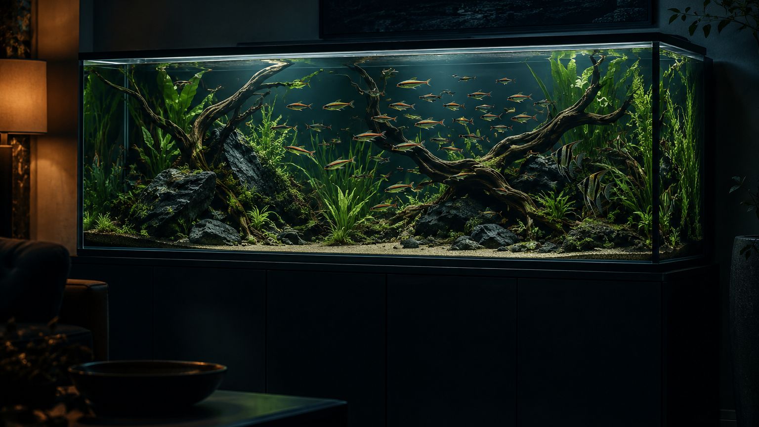 A long planted aquarium glowing in a dark living room