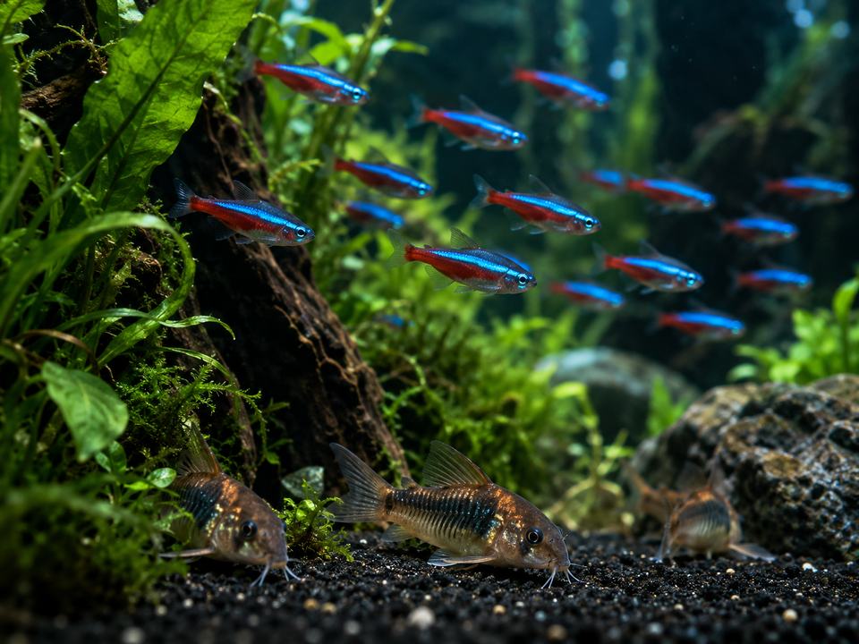 Neon tetras schooling above corydoras catfish in a planted tank